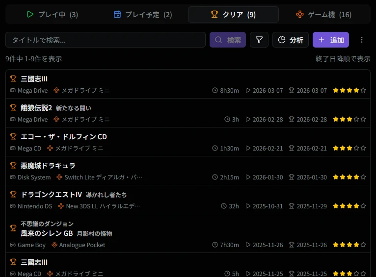 クリア済一覧画面