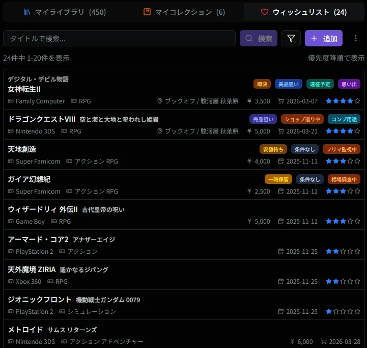 ウィッシュリスト一覧画面
